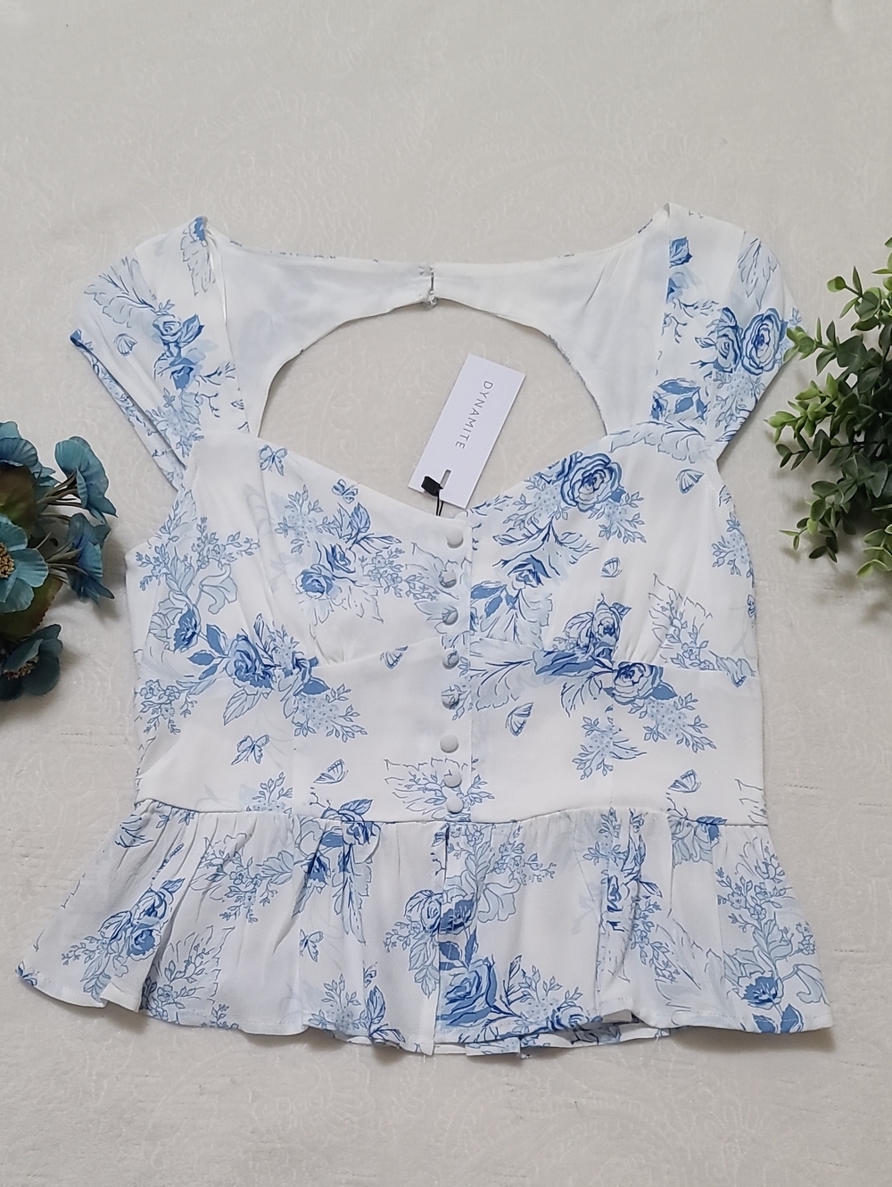 NWT Dynamite Blue Floral Peplum Top Viscose Rayon Blend Cutout Back Cottagecore